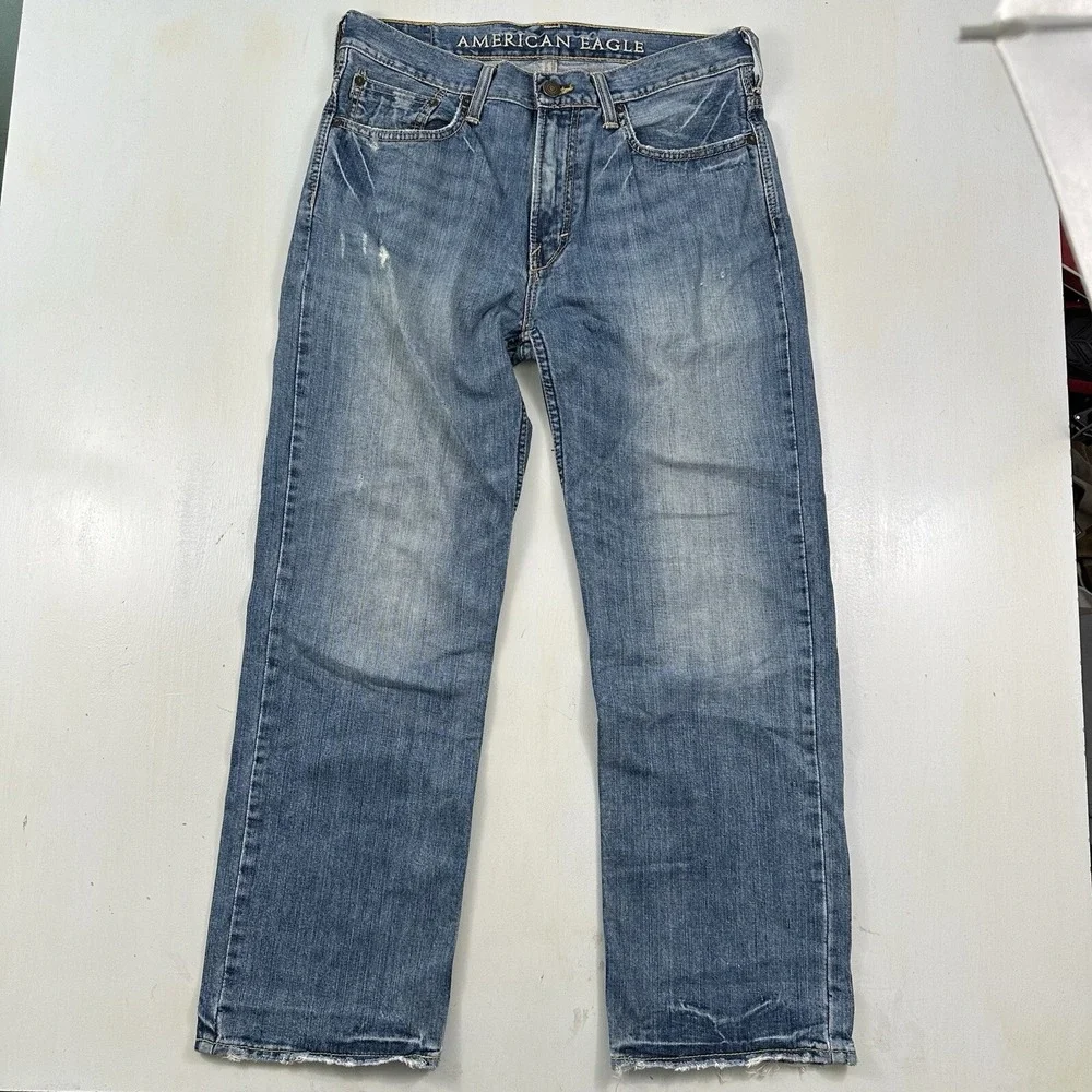 Y2K American Eagle‎ Mens Low Loose Jeans 31x30 Blue Light Wash Distressed Denim